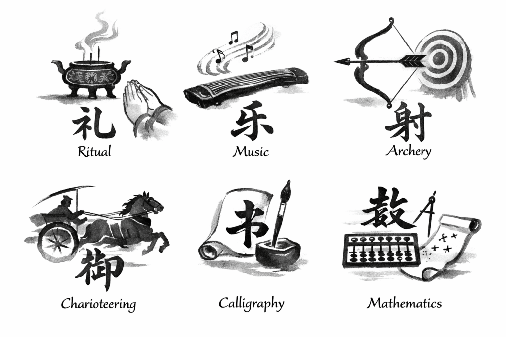 An illustration of the six arts, each represented by a symbol that reflects the virtue it grows, in Chinese calligraphy style.